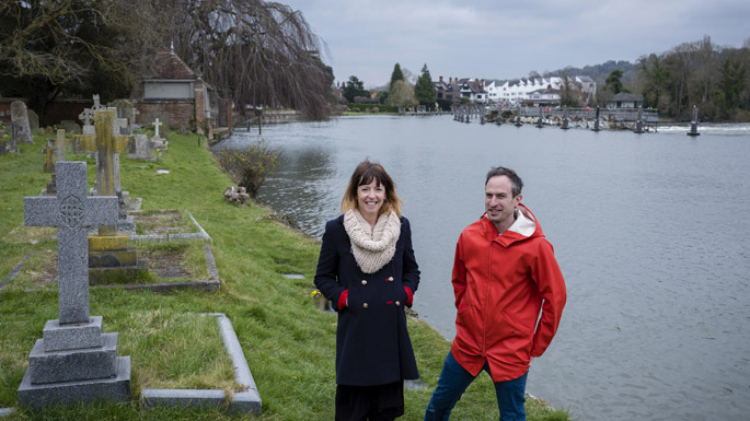 Chloe and Oli beside the Thames while visiting a 19th century church