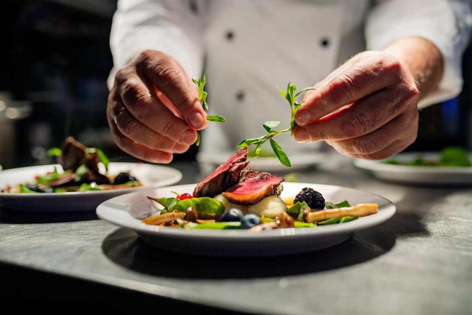 Chef preparing fine dining meal in restaurant kitchen