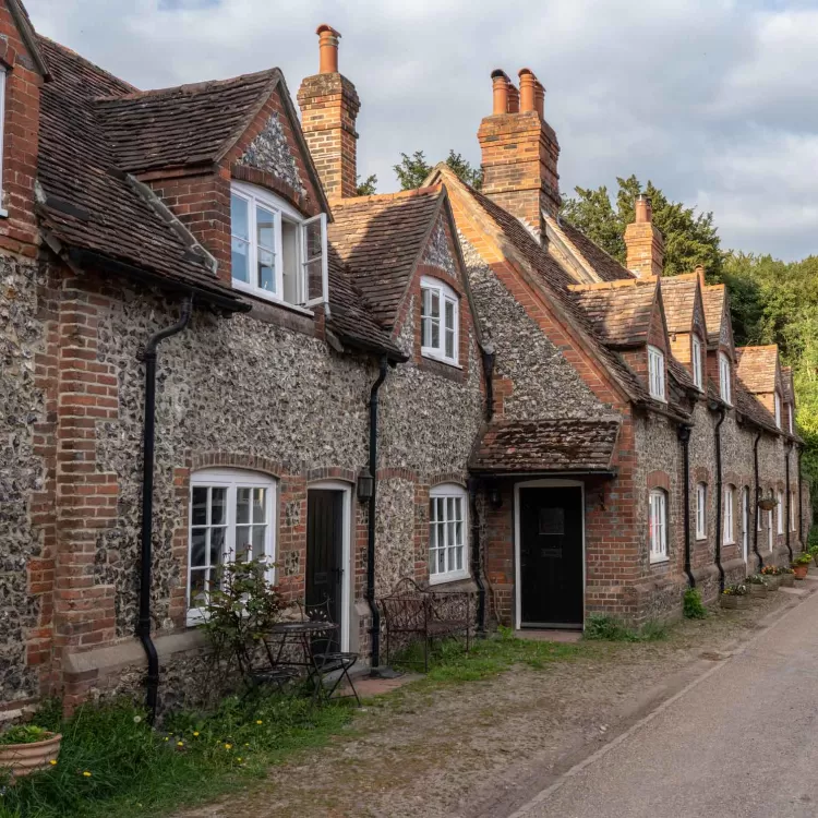 Pretty street of brick houses in village of Hambleden