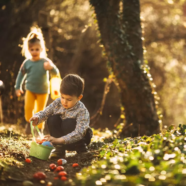 2 young children on an Easter Egg Hunt in woods near Marlow